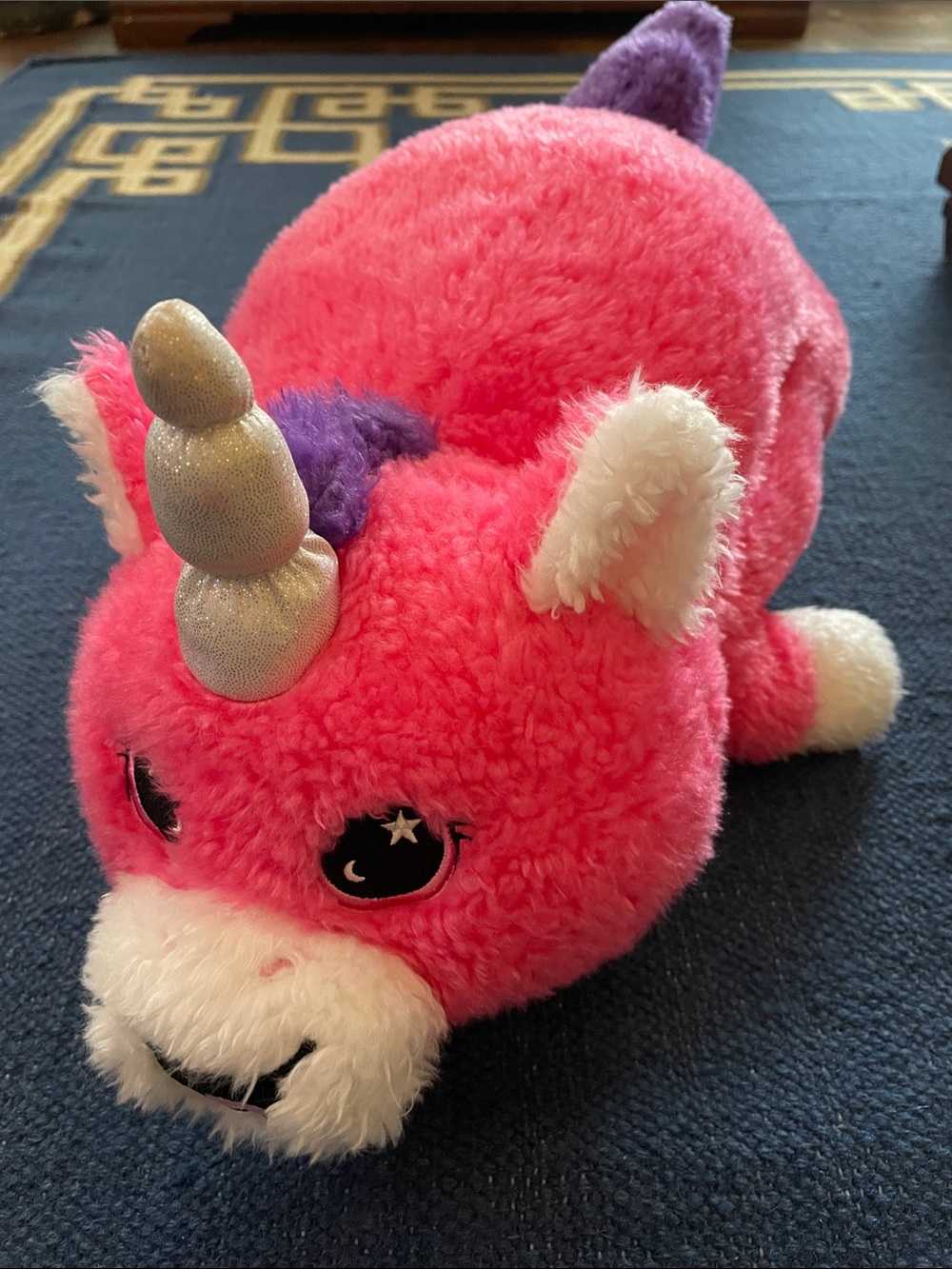 Hug a pet Bright Pink Plush Unicorn with Silver Horn and Purple Mane